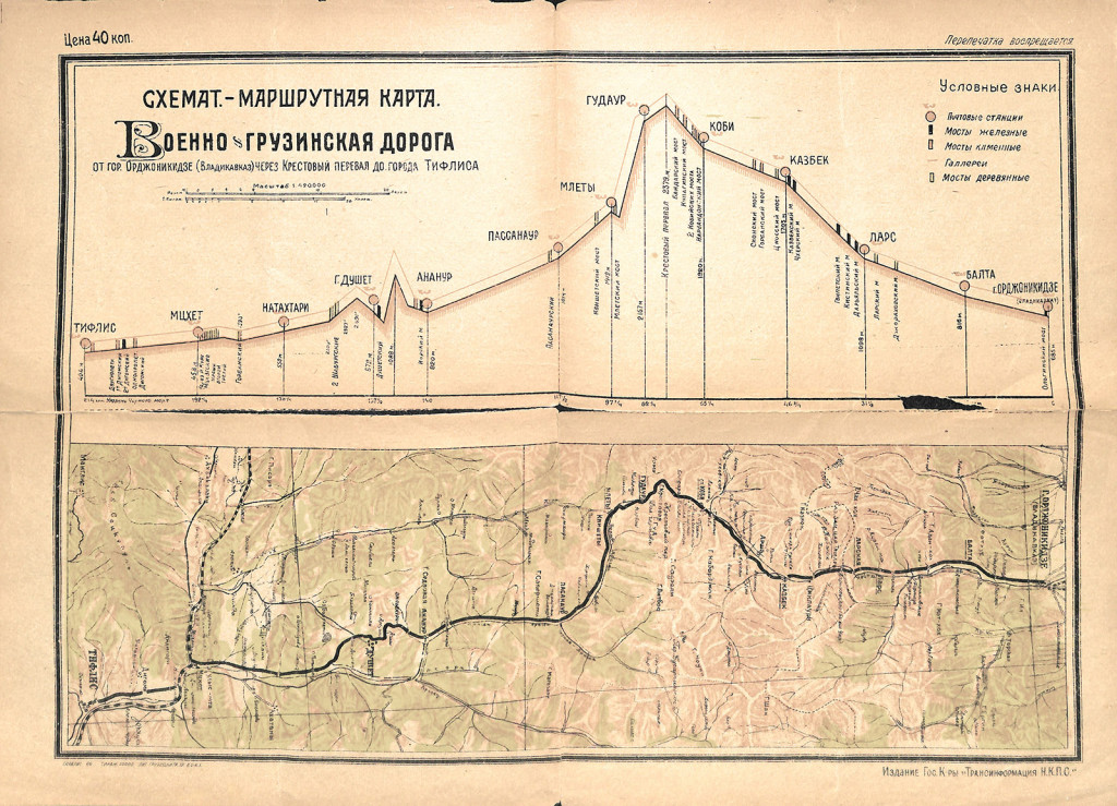 Карта. «Схемат.-маршрутная карта. Военно-грузинская дорога. От гор. Орджоникидзе (Владикавказ) через Крестовый перевал до города Тифлиса». Издание Гос. К-ры «Трансинформация Н.К.П.С.». 1931–1944 гг.